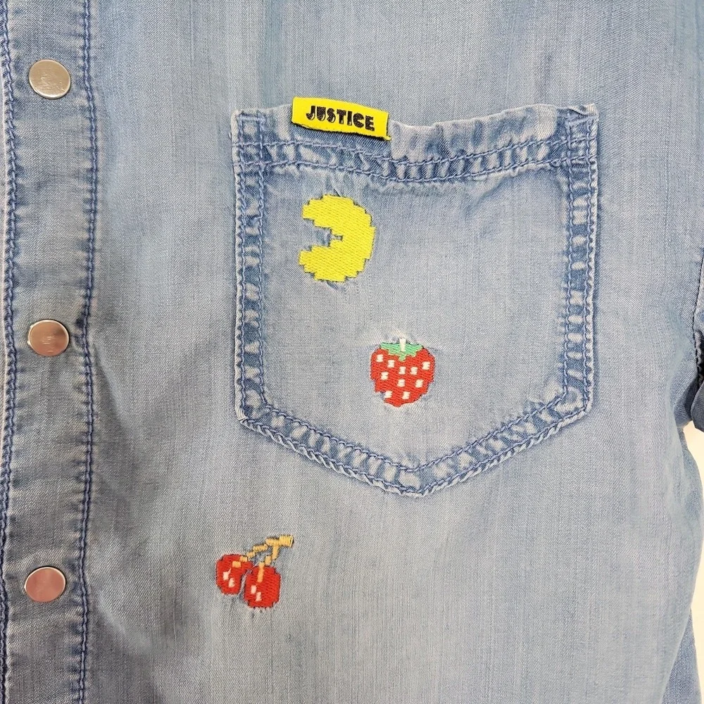 Justice Girls Pac-Man Ghost Gang Chambray Button Up Shirt Sx 12 14 L Embroidered